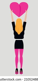 Vector graphics - a beautiful young blonde woman stands backwards in high heels and holds a large pink heart in her hands. Concept - Valentine's Day