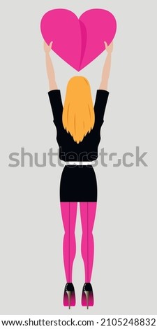 Vector graphics - a beautiful young blonde woman stands backwards in high heels and holds a large pink heart in her hands. Concept - Valentine's Day