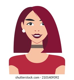 Vector graphics - A beautiful young smiling brunette woman with a square hairstyle and white round earrings isolated. Concept avatar