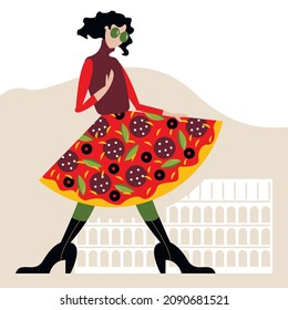 Vector graphics - a beautiful young woman in sunglasses stands in a pizza-like skirt and boots against the background of the Roman Colosseum. Concept - Italian culture and tourism