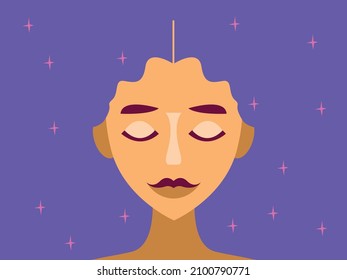 Vector graphics - a beautiful young woman with closed eyes and blue hair like a starry sky. Concept - healthy sleep and meditation
