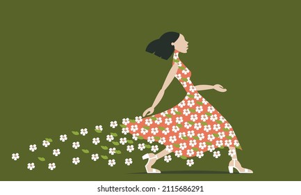 Gráficos vectoriales - una bella joven modelo de moda camina en un brillante fondo rosado en un vestido con flores blancas que se desmoronan sobre un fondo verde. Concepto: la llegada del verano