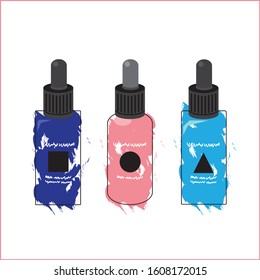 Vector graphics. Beauty bottles with pipette. Cream, serum, face oil. Different shapes and colors. Picture postcard.