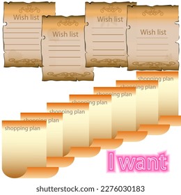 Vector graphics. Below the inscription "I want". At the top are old sheets of paper with the inscription "wish list". Below are many sheets of paper with the inscription "shopping plan".