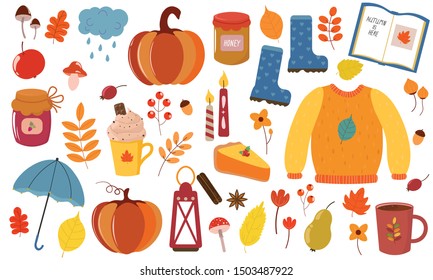 Vector graphics. Big autumnal set. Cartoon illustration. Illustration with autumn symbols and attributes. White background. 