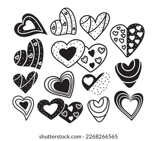 Vector graphics big set icons decoration patterns patterns black silhouette heart different sketches polka dots specks blots doodle hearts