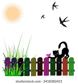 Vector graphics. A black cat is stretching on a colored wooden fence. A butterfly sits on its paw. The sun is shining in the sky and birds are flying.