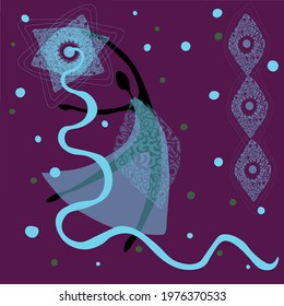 Vector graphics. black girl is dancing in a transparent dress, lilac color. Lace, curls, serpentine. Light blue, turquoise. Delicate graceful image, light movement, state of flight. mandalas, arabesqu