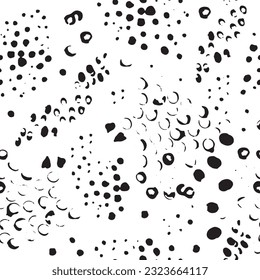 Vector graphics with black round dots seamless pattern. Abstract elements of black graphics are highlighted on a white background. Blot by hand ink background. Illustration in scribbles.