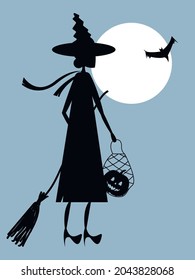 Vector graphics - a black silhouette of a witch in a hat with a broom and a pumpkin in a string bag on the background of a full moon and a bat. Halloween Concept