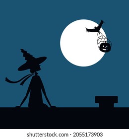 Vector graphics - a black silhouette of a witch in a hat sitting on the roof and looking at the moon where a bat flies with a festive pumpkin in a string bag. Halloween banner concept