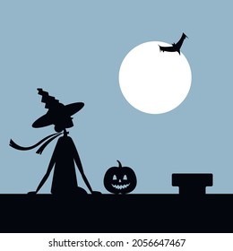 Vector graphics - a black silhouette of a witch in a hat sitting on the roof with a pumpkin and looking at the moon and a bat. Concept holiday Halloween
