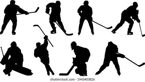 Vector graphics of black silhouettes of hockey players and goalkeeper on a white background