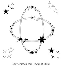 Vector graphics. Black stars moving along a circular trajectory on a white background.