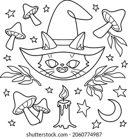 Vector graphics. Black and white drawing, coloring book. Halloween