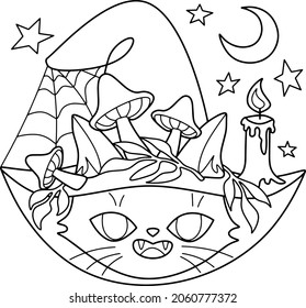 Vector graphics. Black and white drawing, coloring book. Cat in Halloween hat 
