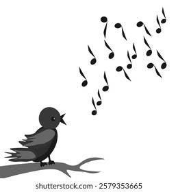 Vector graphics. Black and white image. A bird sits on a tree and sings.