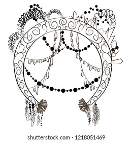 vector graphics black and white round frames with decorative objects feathers, gems and flowers