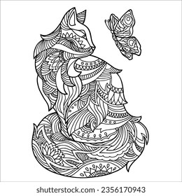 Vector graphics, black and wite illustration for coloring, funny kitty plays with butterfly