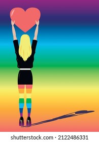 Gráficos vectoriales - una rubia con el pelo largo en una minifalda negra se para con la espalda y sostiene un corazón rosado en sus manos sobre un fondo de arco iris. Concepto - Día de San Valentín y la comunidad LGBT