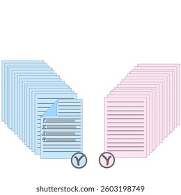 Vector graphics. Blue and pink stacks of papers with a mark on a white background.