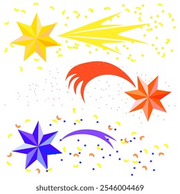 Gráficos de Vector. Estrellas voladoras azules, rojas y amarillas sobre un fondo blanco.
