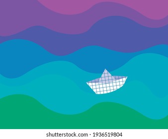 Vector graphics - a boat made of a notebook sheet in a cage on the bright colorful waves of the sea and a space for copying. Concept trip and cruise