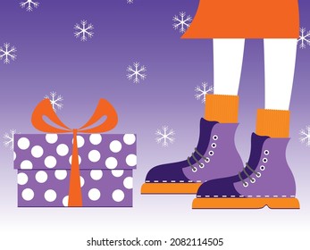 Vector graphics - body part close-up - women's legs in beautiful bright shoes stand in front of a gift box with a bow. Concert - a Christmas gift or discounts in shoe stores