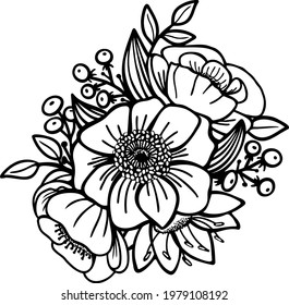 Vector graphics, a bouquet of flowers and herbs. Stylized image, design element.