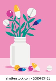 Vector graphics - bouquet - multicolored pills and pills grow on green stems from a white plastic bottle on a bright pink background and space for copying. Concept Pharmacology and homeopathy