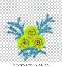 Vector graphics. A bouquet of three yellow roses and spruce branches on a transparent background.