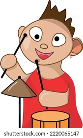 Vector graphics Boy plays in red t-shirt on the drums