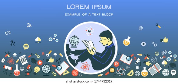 Vector graphics. The boy reads enthusiastically surrounded by education icons. The concept of individual lessons. The popularity of books.