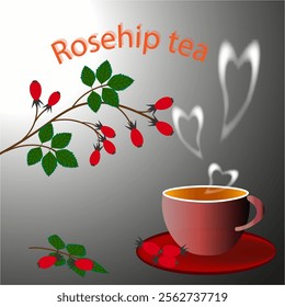 Vector graphics. Branch with rose hips and cup of tea with steam in the form of a heart.