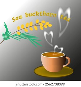 Vector graphics. Branch with sea buckthorn fruits and a cup of tea with steam in the shape of a heart.