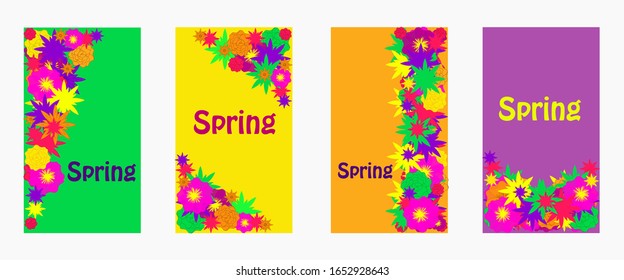 Vector graphics. Bright abstract set of backgrounds with flowers. Cute retro design in bright colors for stickers, labels, gift packaging, postcards.