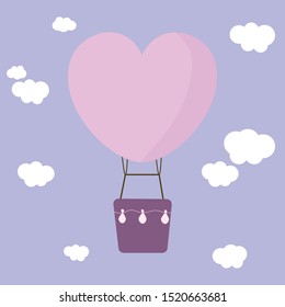 Vector graphics. Bright, adorable cartoon illustration of a heart shaped balloon in the sky. Simple illustration. 