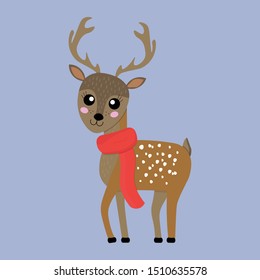 Vector graphics. Bright, adorable illustration of  a deer with red scarf. Cute Christmas character. Christmas greeting card. 