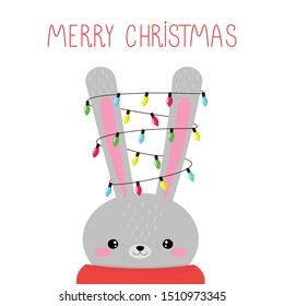 Vector graphics. Bright, adorable illustration of a rabbit with garland. Hand written text. 