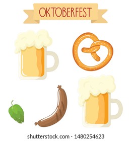 Vector graphics. Bright, beautiful, cartoon illustration of Oktoberfest attributes, such as beer, sausage, pretzel, hop. White background. Isolated illustration. Hand written text.Oktoberfest template