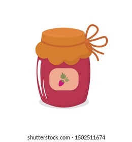 Vector graphics. Bright, cartoon illustration of a jam bottle. Simple pink jam bottle. White background. Auutmnal harvest illustration. 