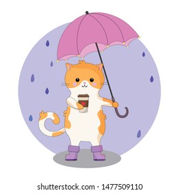 Vector graphics. Bright, colorful, beautiful cartoon illustration of a cat  in  boots, who holds coffee and umbrella.  Autumnal illustration. White background. 