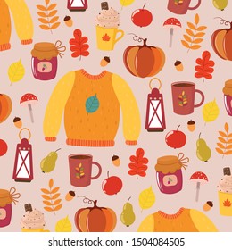 Vector graphics. Bright, colorful cartoon pattern. Autumnal pattern. Illustration with sweater, coffee, leaves, jam. Autumn attributes. Light background.