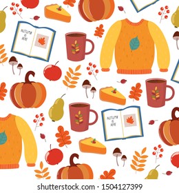 Vector graphics. Bright, colorful cartoon pattern. Autumnal pattern. Illustration with sweater, coffee, leaves, book, jam. Autumn attributes. White background.