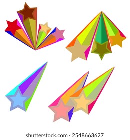 Vektorgrafiken. Helle, bunte fliegende Sterne auf weißem Hintergrund.