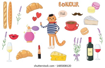 Vector graphics. Bright, colorful travel to France set. Vector cartoon isolated icons set. White background. 
