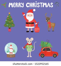 Vector graphics. Bright, cute cartoon set with Christmas characters. Funny Christmas and New Year characters. Icons template. Hand written text. 