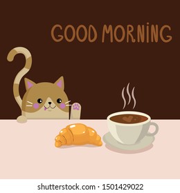 Vector graphics. Bright, cute kawaii cat. Cartoon illustration of a cat, coffee, croissant. Handwritten text. Dark background. 