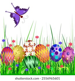 Vector graphics. Bright Easter eggs lie in the grass and flowers on a white background. A butterfly flies above them.