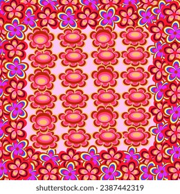 Vector graphics. Bright exotic flowers on a pink background in a bright floral frame.